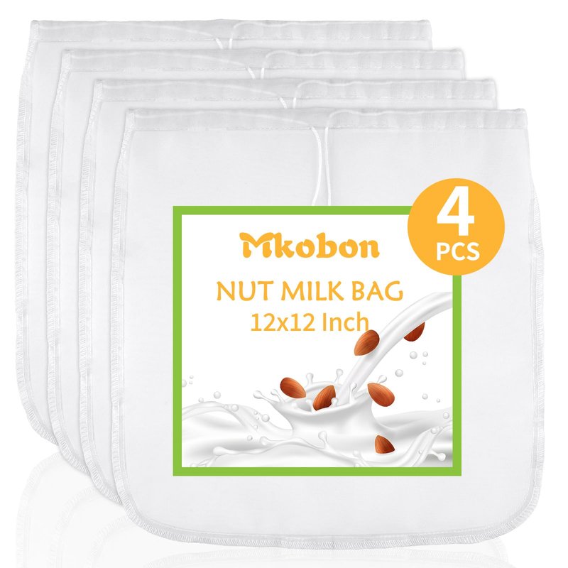 XL 4 Pcs Food Grade Nut Milk Bag Reusable, Grade 100, 12" x 12" Nut Bag Strainer, Fine Mesh Nylon Cheese Cloth Bags for Straining Oat Almond Milk, Greek Yogurt, Juice, Cold Brew Coffee, Beer Tea