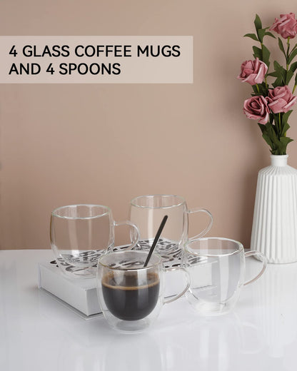 LIBWYS 4 Pack 250ml Double Walled Glass Coffee Mugs with 4 Spoons, Cappuccino Latte Tea Cups with Handle, Heat Resistant Drinking Glasses