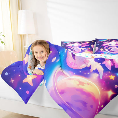 Erosebridal Axolotl Quilt Queen Size for Kids Boys Girls,Galaxy Planet Space Bedding Set Cartoon Animal Comforter Set Purple Dreamy Starry Bedding Comforter Sets