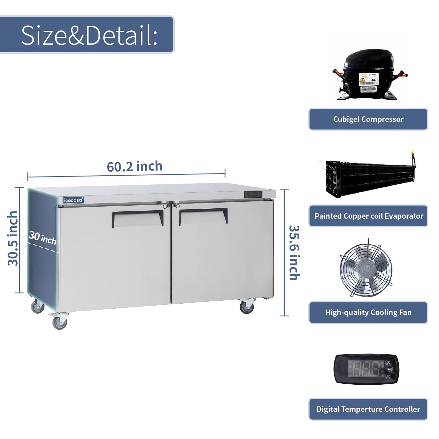 ICECASA 60" W Commercial Refrigerator Worktop Undercounter Refrigerator Double Door Stainless Steel Counter Fan Cooling Refrigerator 16.4 Cu.ft for Restaurant, Bar, Shop, etc