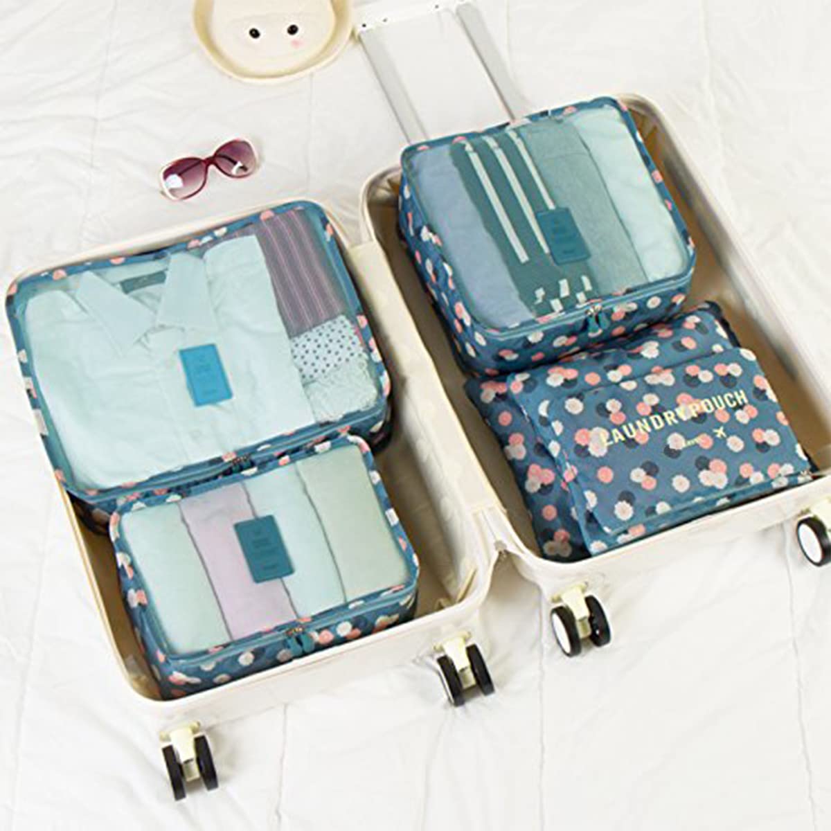Laebevon 6 PCS Packing Cubes,Multi-functional Clothing Sorting Packages,Travel Carry On Luggage Organizers Storage Bags,Travel Packing Pouches, Blue Flower