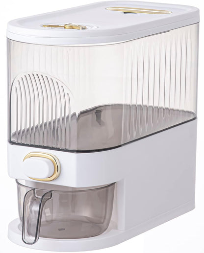 Sooyee 11Lbs Rice Dispenser, Large Grain Container Storage with Lid, Measuring Cylinder, Moisture Proof Household Cereal Dispenser Bucket for Kitchen Soybean Corn, Clear and White