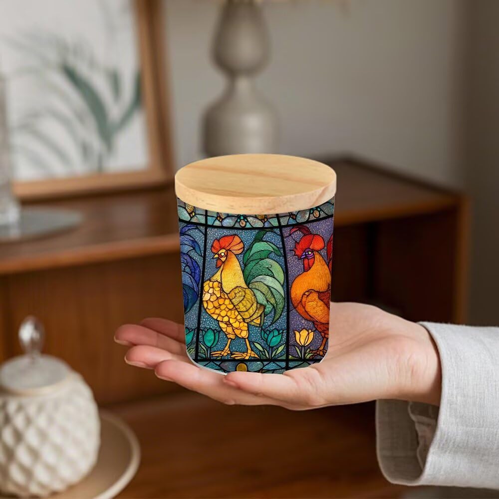 Stained Glass Roosters Tea Light Candle Holders, Country Chicken Tealight Candle Holder Jar with Wooden Lid, Farm Style Votive Candlesticks for Table Centerpieces,Christmas,Birthday Party