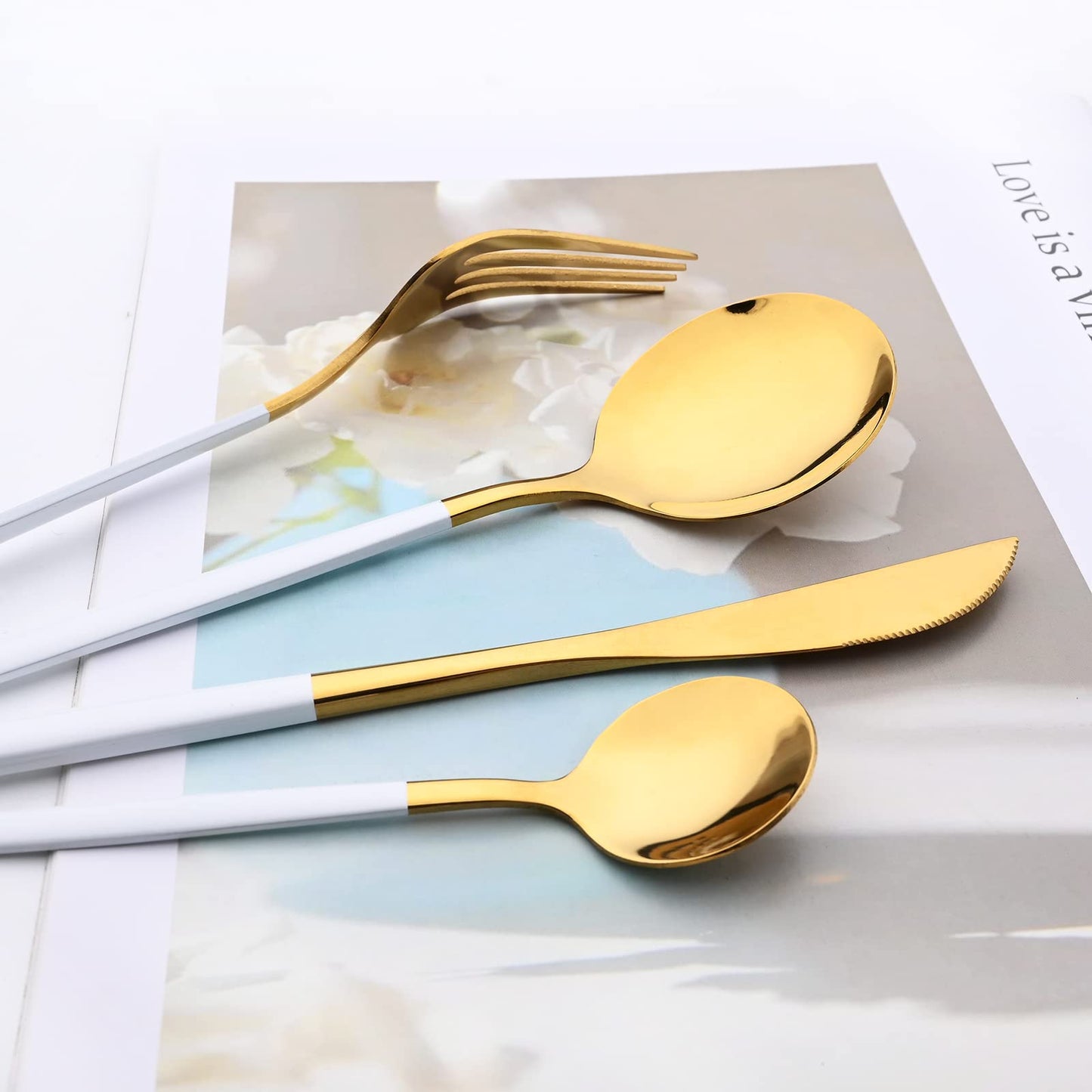 Snplowum Mirror Cutlery Serving Set, 24-piece 18/0 Stainless Steel Silverware With White Handle Simple & Modern Tableware For Home Party Restaurant Christmas Dinner, Service For 6 (White Gold)