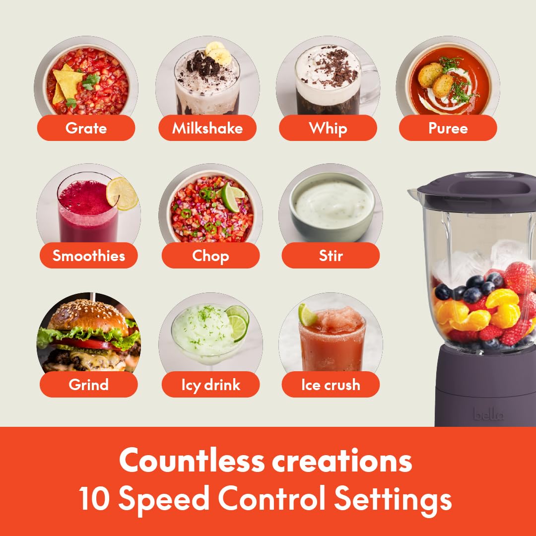 bella 10 Speed Countertop Blender, Juicer & Smoothie Maker, Fits-anywhere™ Kitchenware, Slim Flip & Store Design, Dishwasher Safe 48oz Capacity Pitcher & Lid, Stainless Steel Blade, 450 Watt, Plum