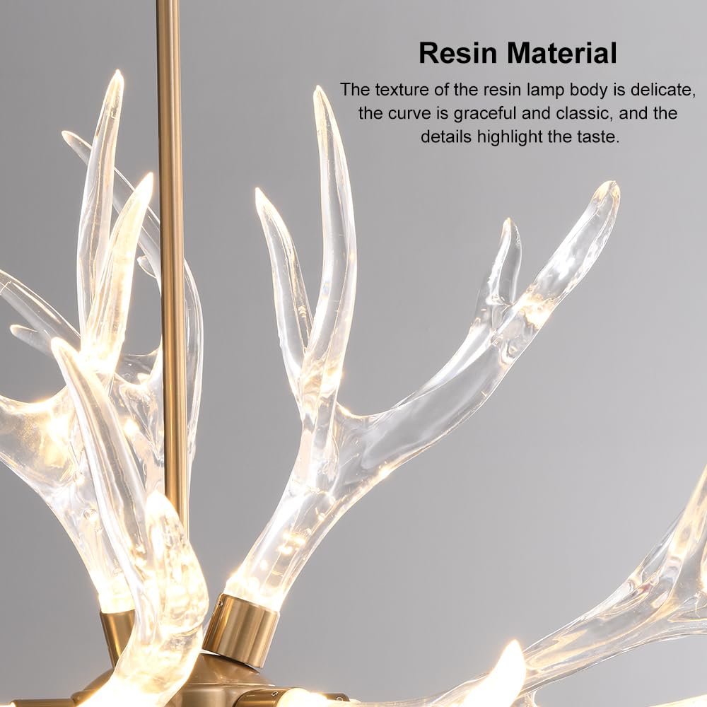 LOVEDIMA Resin Antler Chandelier, 9-Light Deer Horn Pendant Light Fixture for Living Room Bedroom Dining Room Kitchen (Gold)
