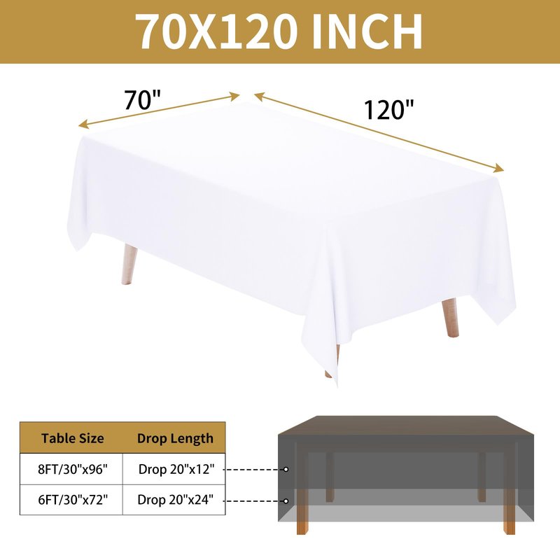 Fixwal White Tablecloth Rectangle 70 x 120 Inch, 2 Pack 6-8ft Polyester Brushed Fabric Table Cloths Rectangular Table Covers for Party, Banquet, Dining, Birthday, Wedding