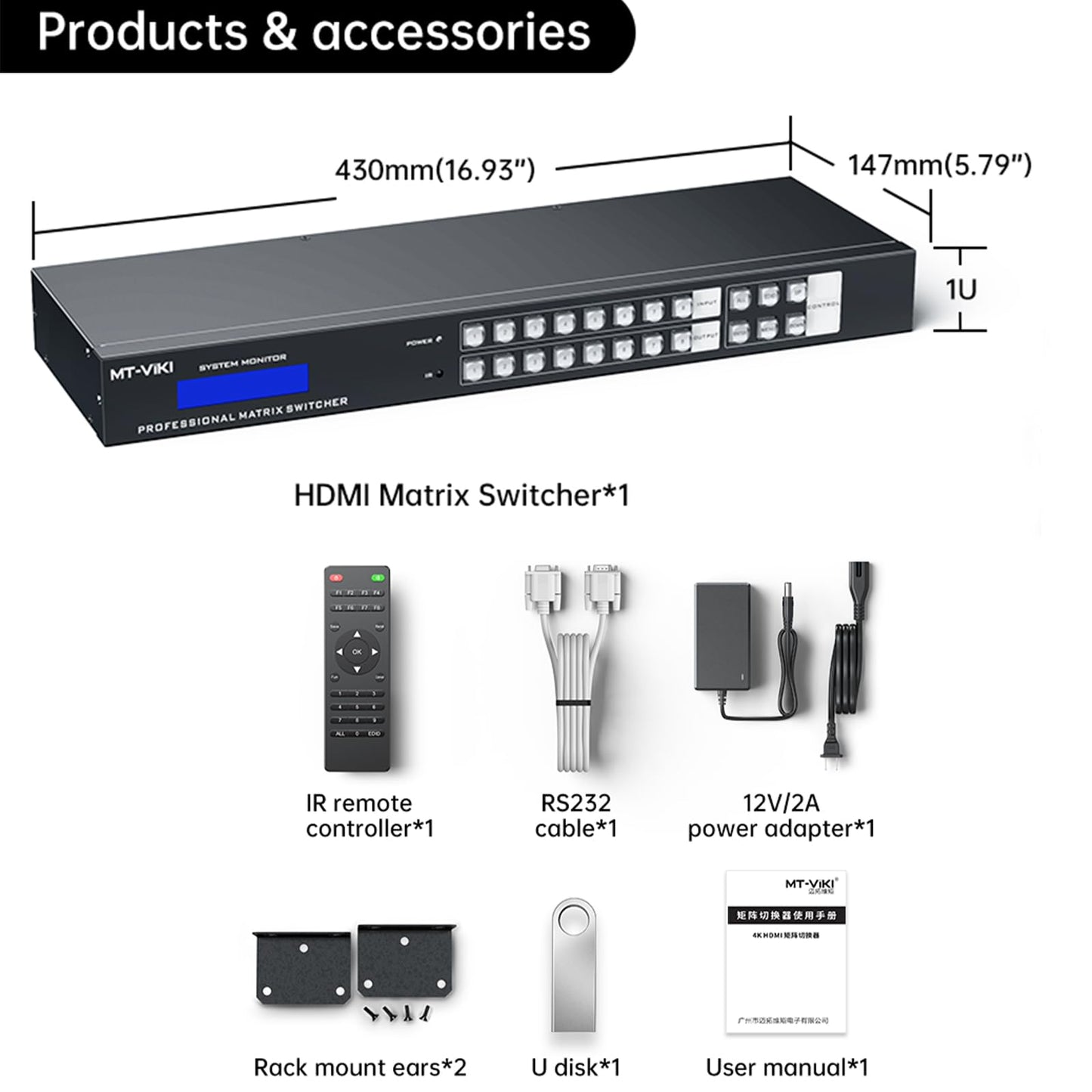 MT-VIKI 4K HDMI Matrix Switch 8X8 w/Web GUI & Audio Extraction w/Remote, 4K@30Hz, Rack Mount Switcher & Splitter, EDID, RS232, LAN Port, APP, Fit 1U 19'' Rack for Conference Room, Church, Bar