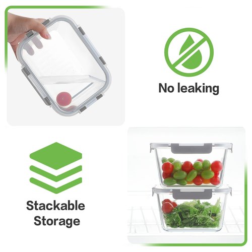 HOMBERKING 4 Pieces 63oz/8cup Large Glass Food Storage Containers with Lids, Meal Prep Containers, Airtight Bento Boxes with Leak Proof Locking (2 Containers 2 Lids), Microwave,Oven,Fridge Safe-Grey