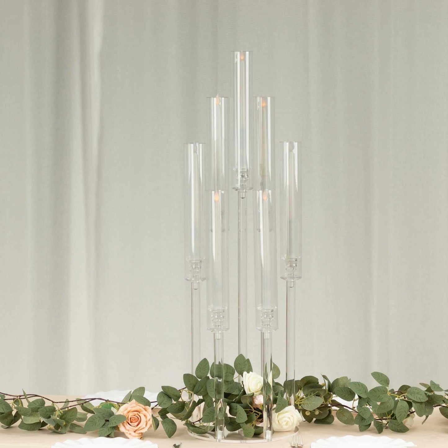 Efavormart 7 Arm Clear Acrylic Cluster Round Taper Candle Holder Candelabra, Pillar Candle Stick Stand with Circular Base - 33" Tall