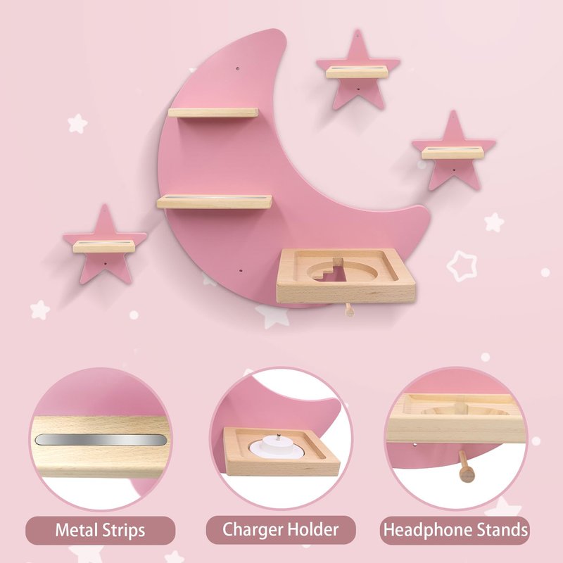 Taladad for Toniebox 2 and Toniebox 1 Tonie Shelf Wall Mounted Set of 4 (Moon and 3 Stars),Tonies Figures Tonies Storage,Magnetic Wooden Floating Shelves Compatible with Tonie Box Player Character