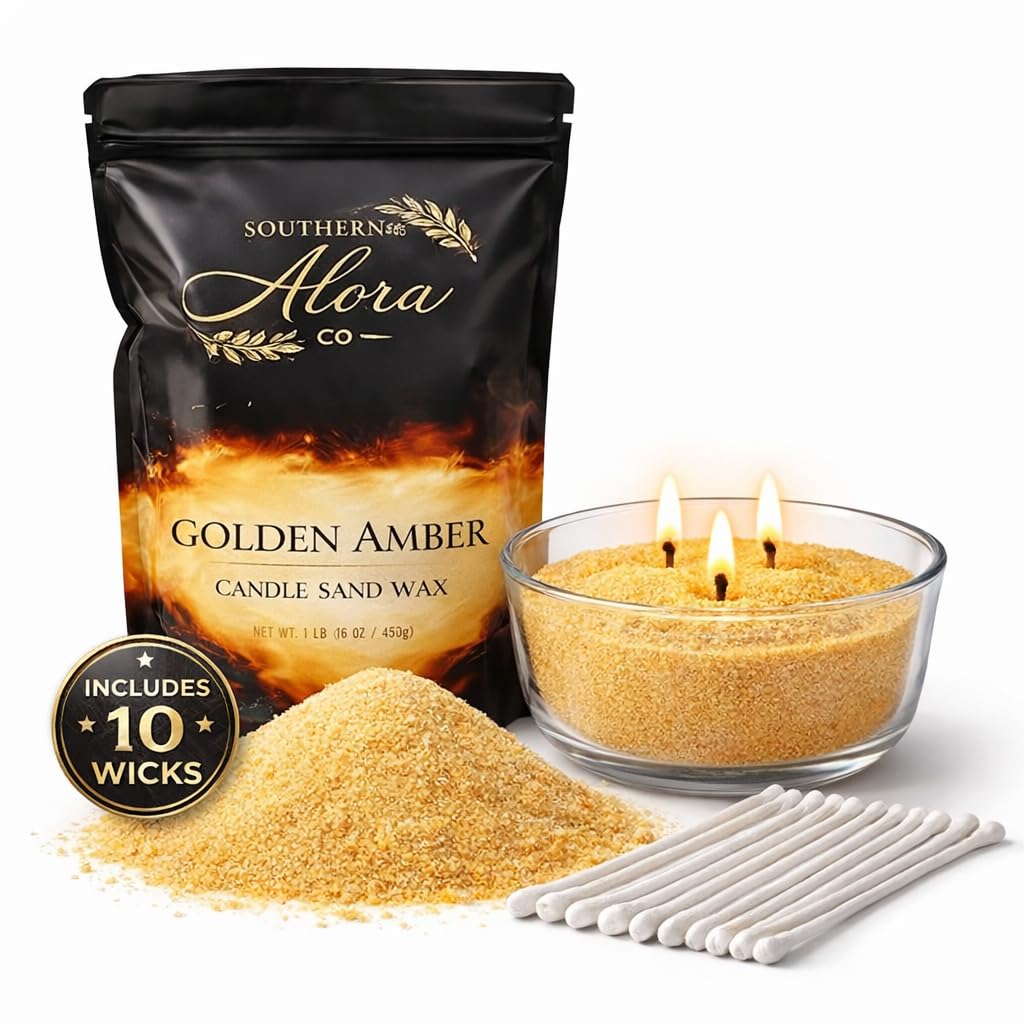 Candle Sand with 10 Wicks – 1 LB Refillable Candle Wax for DIY Candles, Wedding Centerpieces, Home Decor, Candle Making Kit, Candle Sand with Wicks – Golden Amber