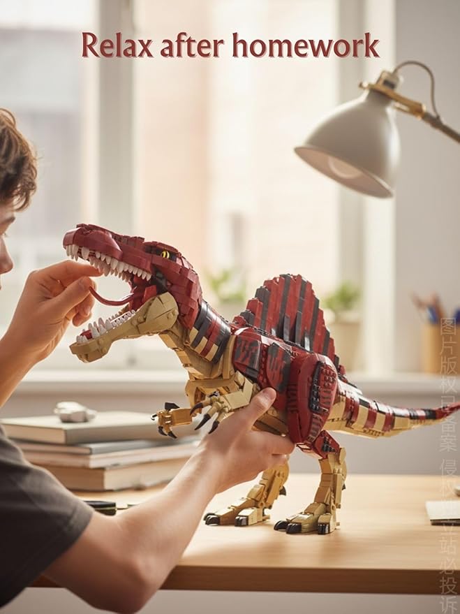 Large Spinosaurus Dinosaur Building Set 2000+ Pieces Large Display Model Poseable Dino Figure with Display Stand/Base Compatible with Lego Bricks Collectible Gift for Dinosaur Fans (Ages 6+)