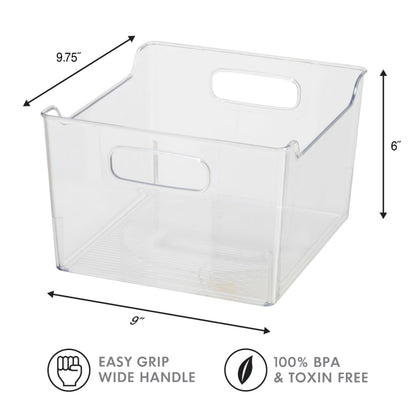 Oggi Storage Bin With Handles - Deep (9.75" x 9" x 6") - Ideal for Kitchen Organization, Pantry Storage, Fridge Organizing, Clear