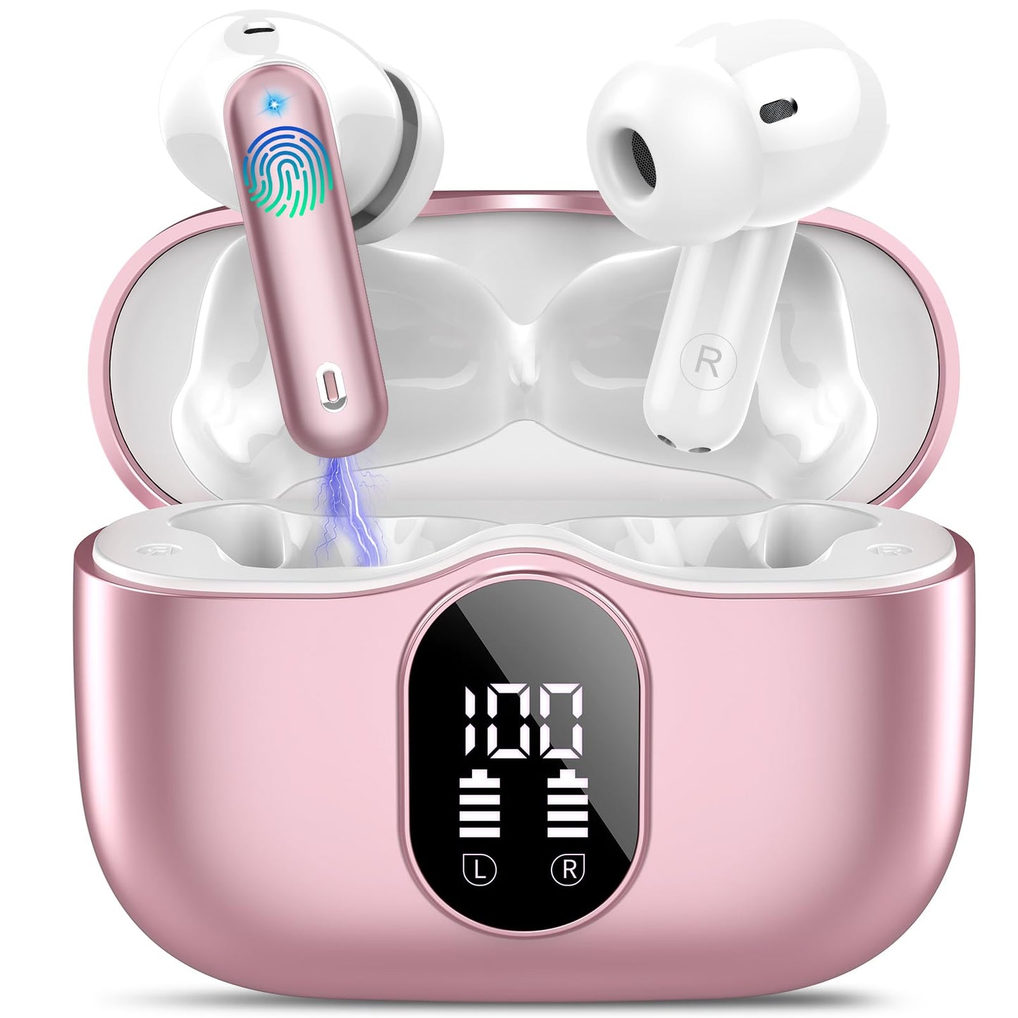 Wireless Earbuds Bluetooth 5.3 Headphones Bass Stereo Ear Buds with Noise Cancelling Mic LED Display in Ear Earphones IP7 Waterproof 36H Playtime for Laptop Pad Phones Sports Workout Pink Gold
