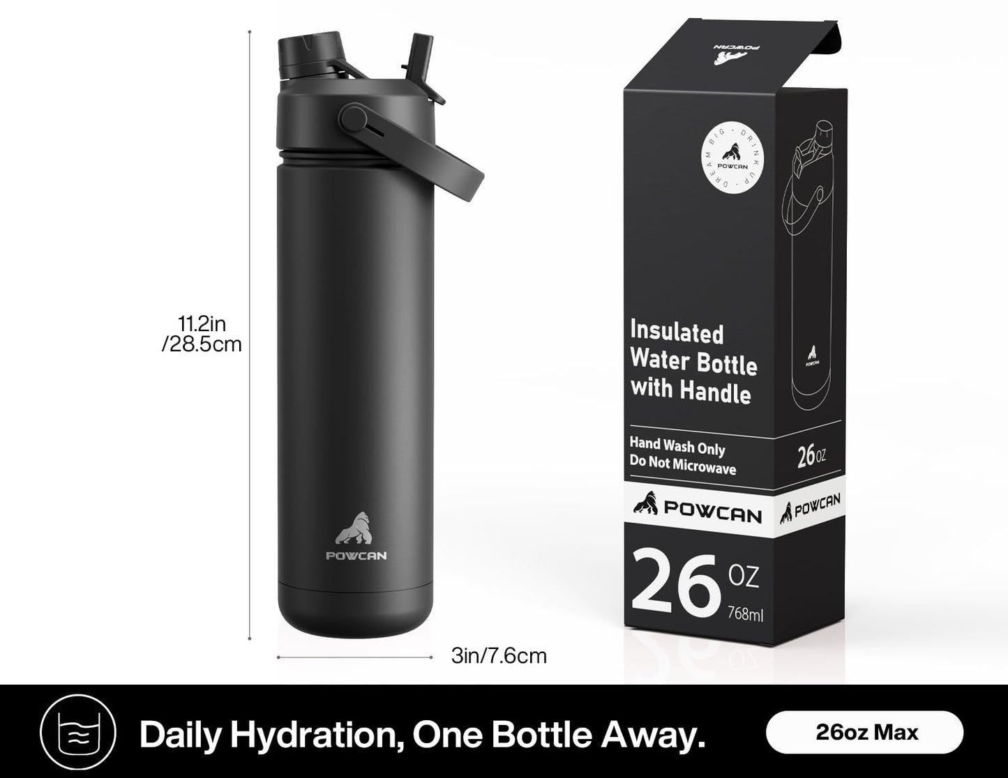 POWCAN 26 oz Insulated Water Bottle with 2-in-1 Straw and Spout Lid, Keep Cold 24H, Leak-Proof, Fits in Car Cup Holder, Stainless Steel Water Bottle for Sports, Travel, and School (Dark Knight)