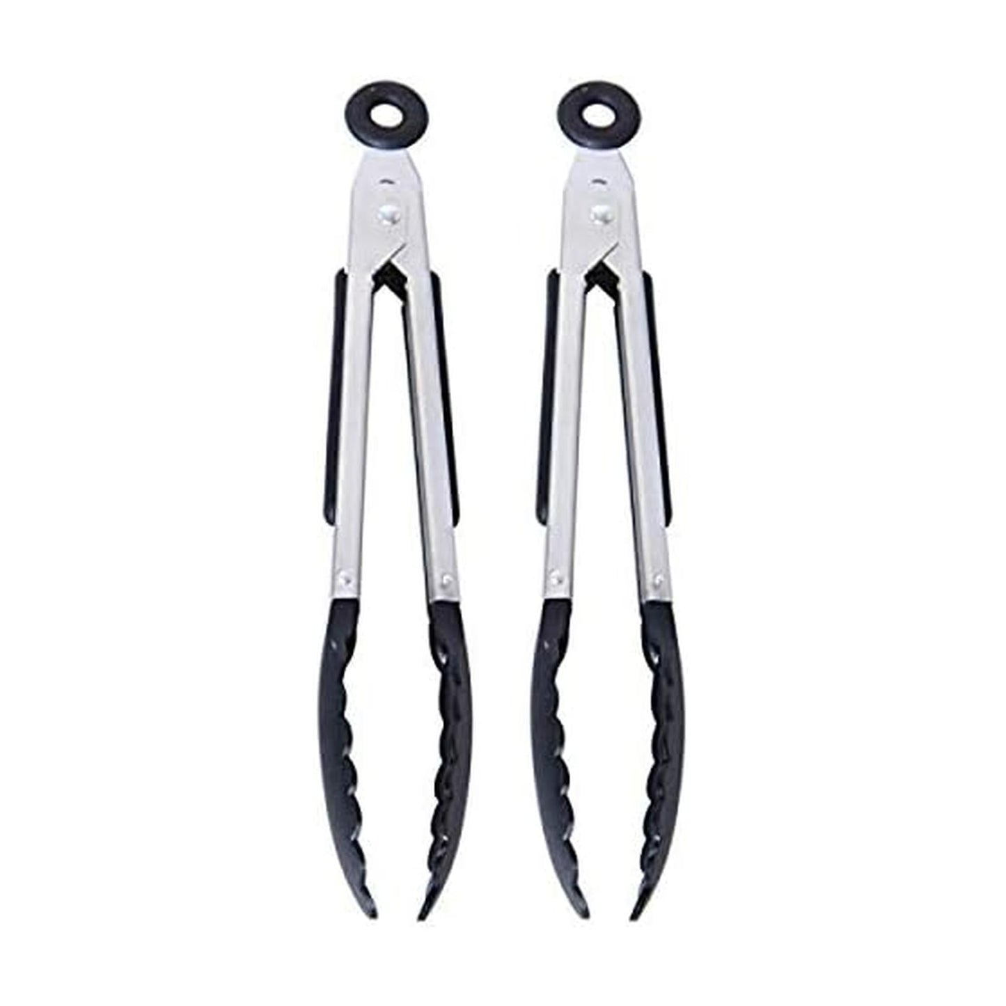 Farberware Mini Tongs Set of 2, 8 Inch Nylon Tip Kitchen Tongs for Cooking and Serving, Stainless Steel Arms with Soft-Grip Handles, Locking Mechanism, Black, Dishwasher Safe