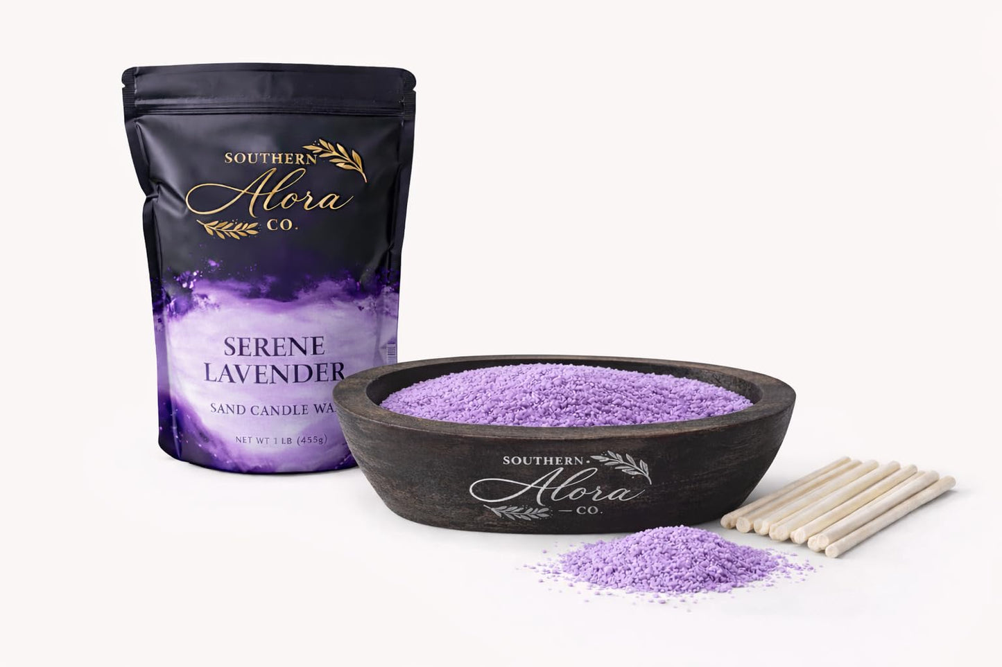 Sand Candle Wax 1 LB – Southern Alora Scented Candle Sand with 10 Cotton Wicks, Refillable & Reusable for Candle Making, Spill-Safe for Bowls & Centerpieces (Serene Lavender Kit with Wood Bowl)