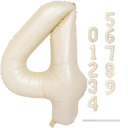 Cream 4 Balloons, 40 Inch Large Beige Foil Number Balloons Set 0-9, Self Inflating White Sand Digital 4 Helium Balloon for Boys Girls Women Birthday Anniversary Party Decorations Photo Shoot Supplies