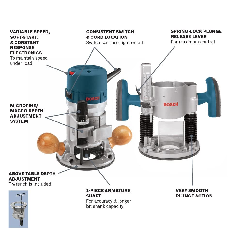 BOSCH 1617EVSPK Wood 12 Amp Router Tool Combo Kit - 2.25 Horsepower Plunge Router & Fixed Base with a Variable Speed&BOSCH 15 pc. Carbide-Tipped Wood Router Bit Set
