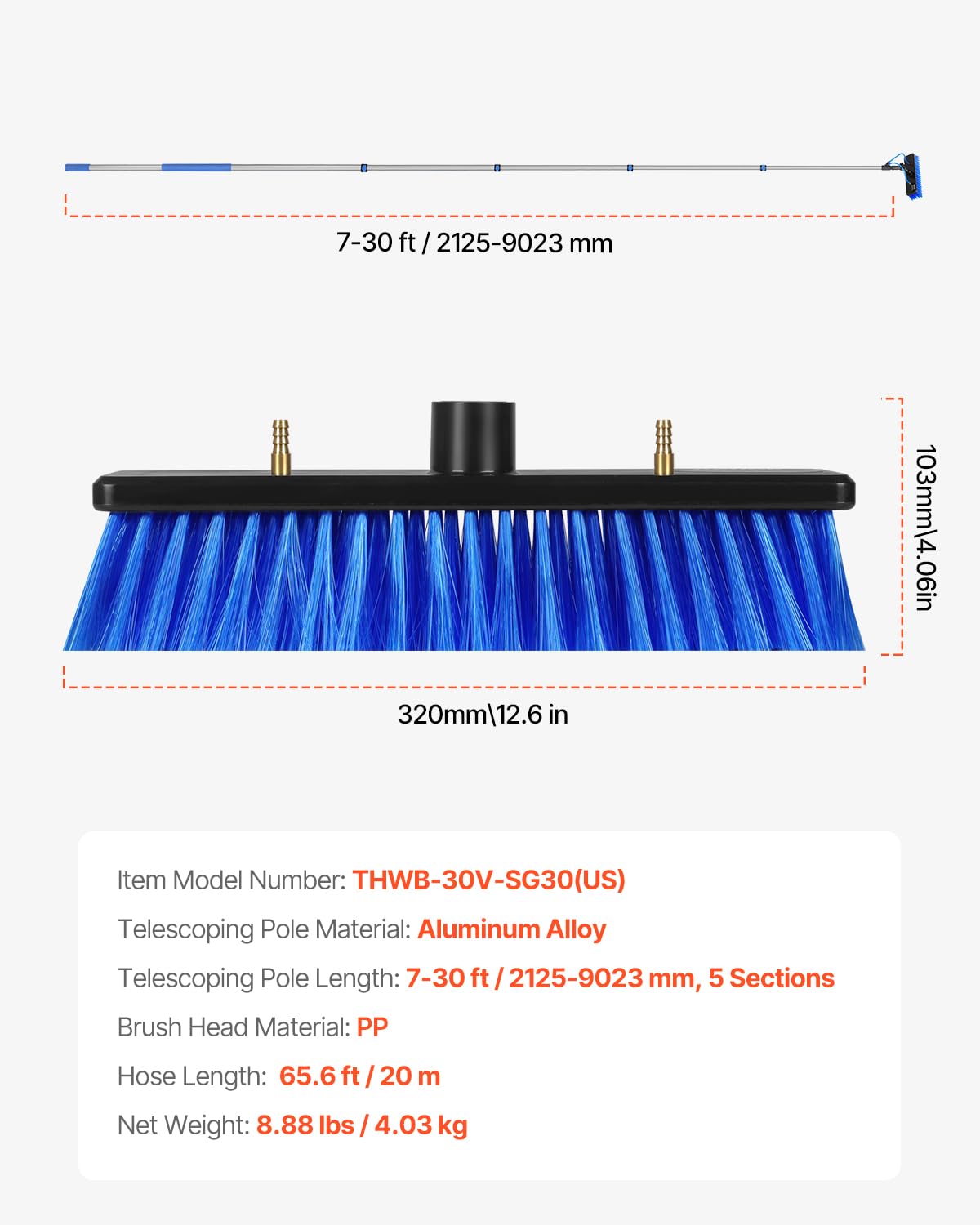 VEVOR Water Fed Pole Kit, 30FT Solar Panel Cleaning Pole with Extendable Handle, 180° Rotatable Brush Head & 65.6FT Hose, Household & Outdoor Window Cleaner Tool for Caravan Solar Panel Deck