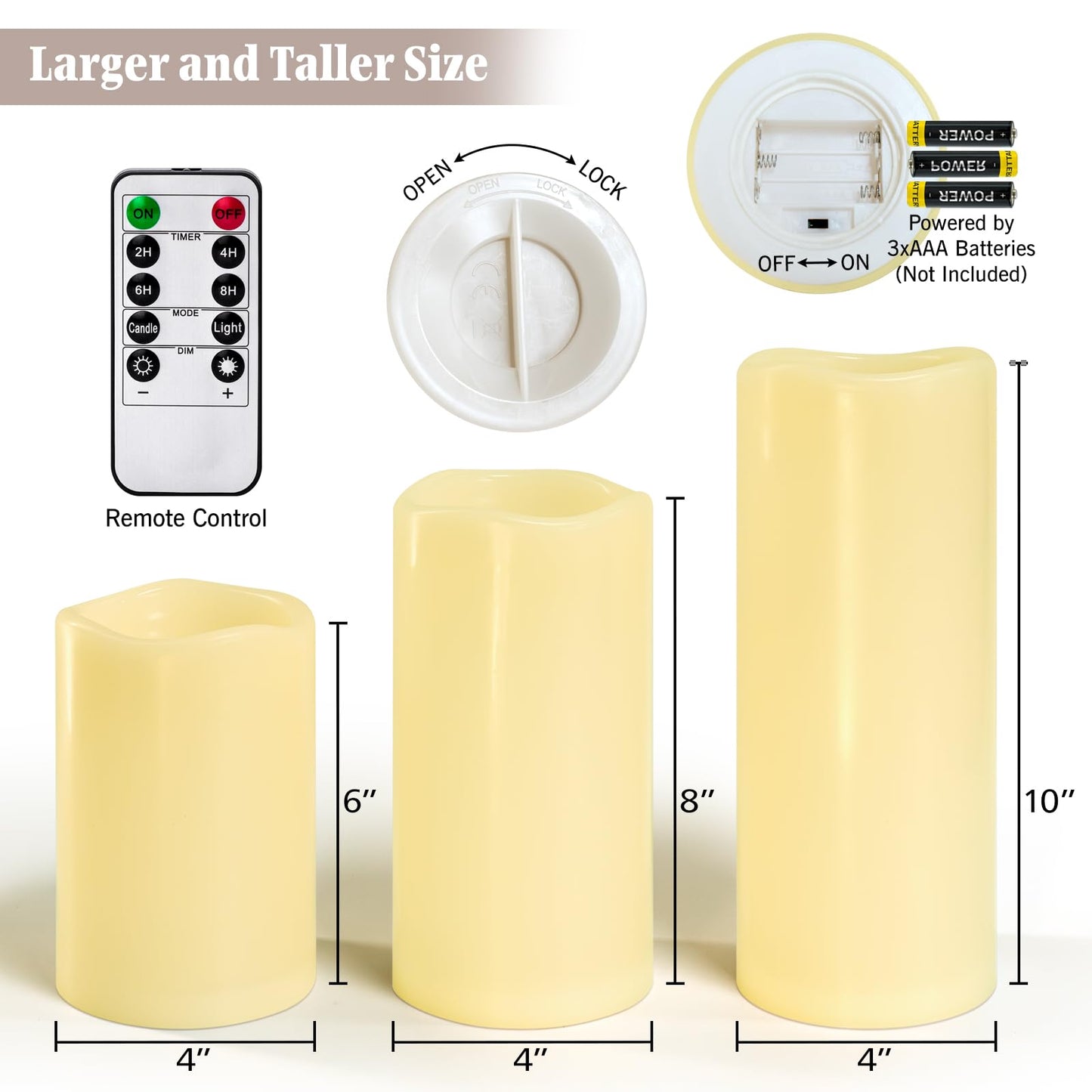 Lumeavetra 6" 8" 10" x 4" Large Waterproof Outdoor Flameless Candles Battery Operated LED Pillar Candles for Indoor Outdoor Lanterns, Ivory, Long Lasting, Set of 3
