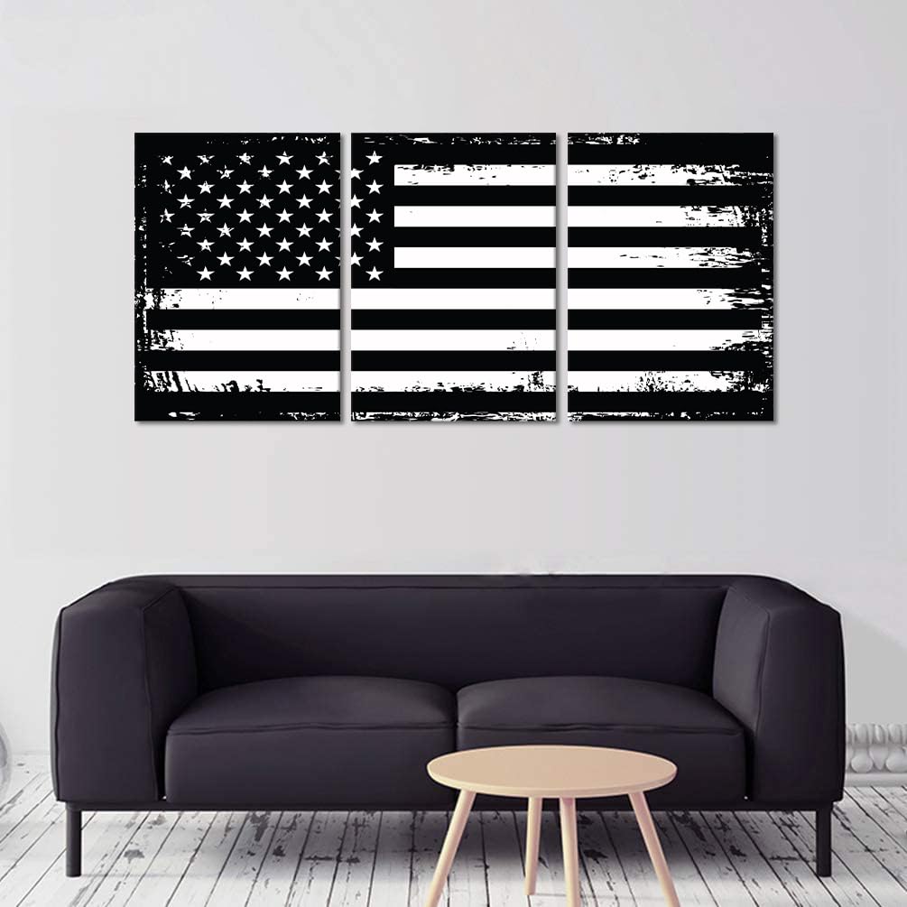Black and White Wall Art American Flag Artwork 3 Panels Patriotic Retro USA Flag Pictures Canvas Prints Art Living Room Home Office Decor Framed Ready to Hang -20"W x 28"H x 3pcs