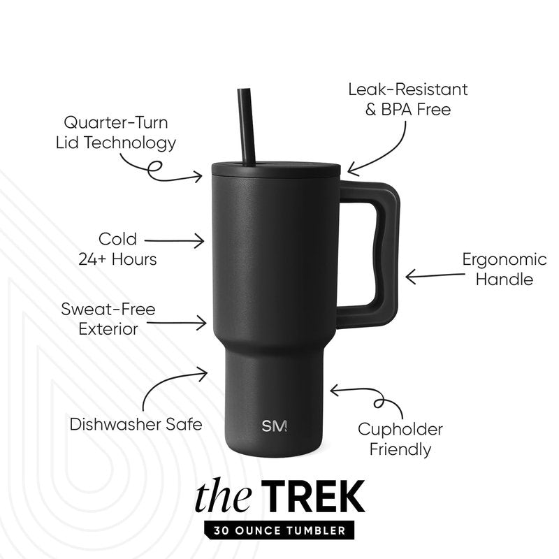 Simple Modern 30 oz Trek Tumbler with Handle and Straw Lid | Cup Holder Friendly Insulated Stainless Steel Travel Mug | Midnight Black