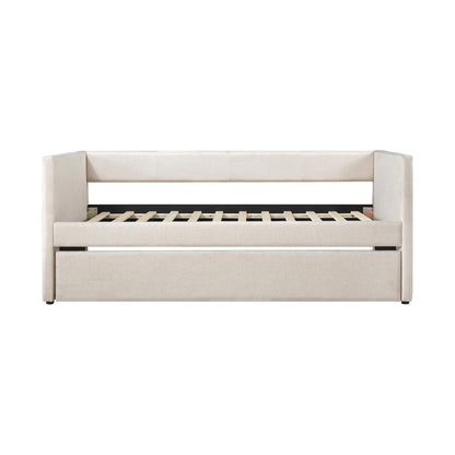 Lexicon Upholstered Daybed with Trundle, Textured Fabric Twin Day Bed Frame with Backrest and Wood Slat Support, Twin Trundle Daybed Sofa Bed for Bedroom Guest Room, No Box Spring Needed, Beige
