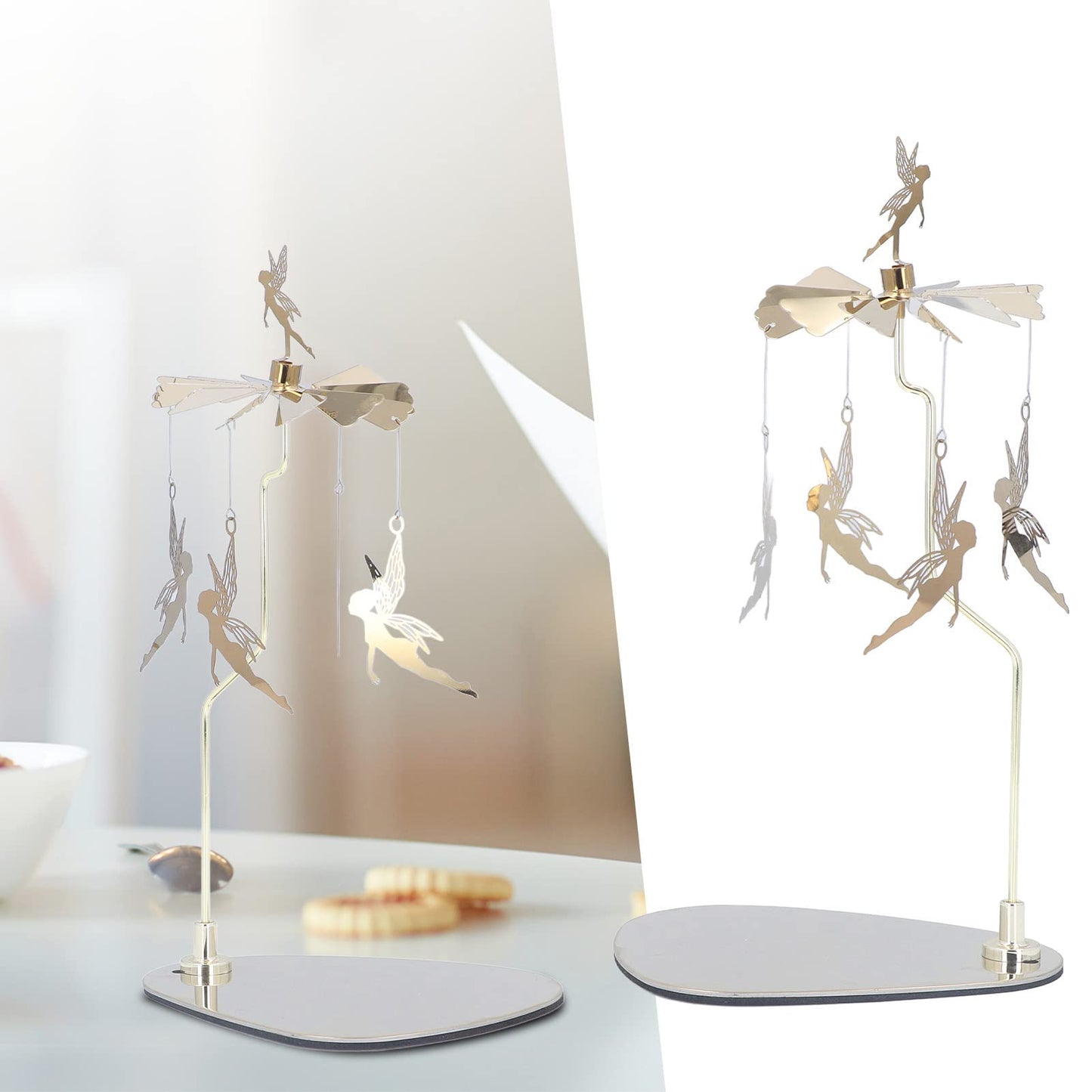 Candle Holder, Rotating Candle Holder, Round Plate Romantic European Stainless Steel Aromatherapy Candle Holder, Candlestick Holders Golden Little Magic Fairy (Without Candle Cup)
