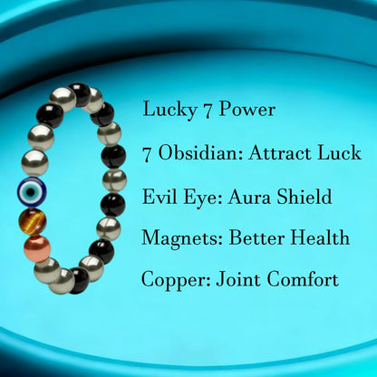 Drkao Unique Original Design Magnetic Therapy Bracelet for Men, Lucky 7 Power Healing Obsidian & Tiger's Eye Crystals, Real Copper Beads for Joint Comfort, Evil Eye 5-Fold Shield Energy Magnetic Jewelry For Mother