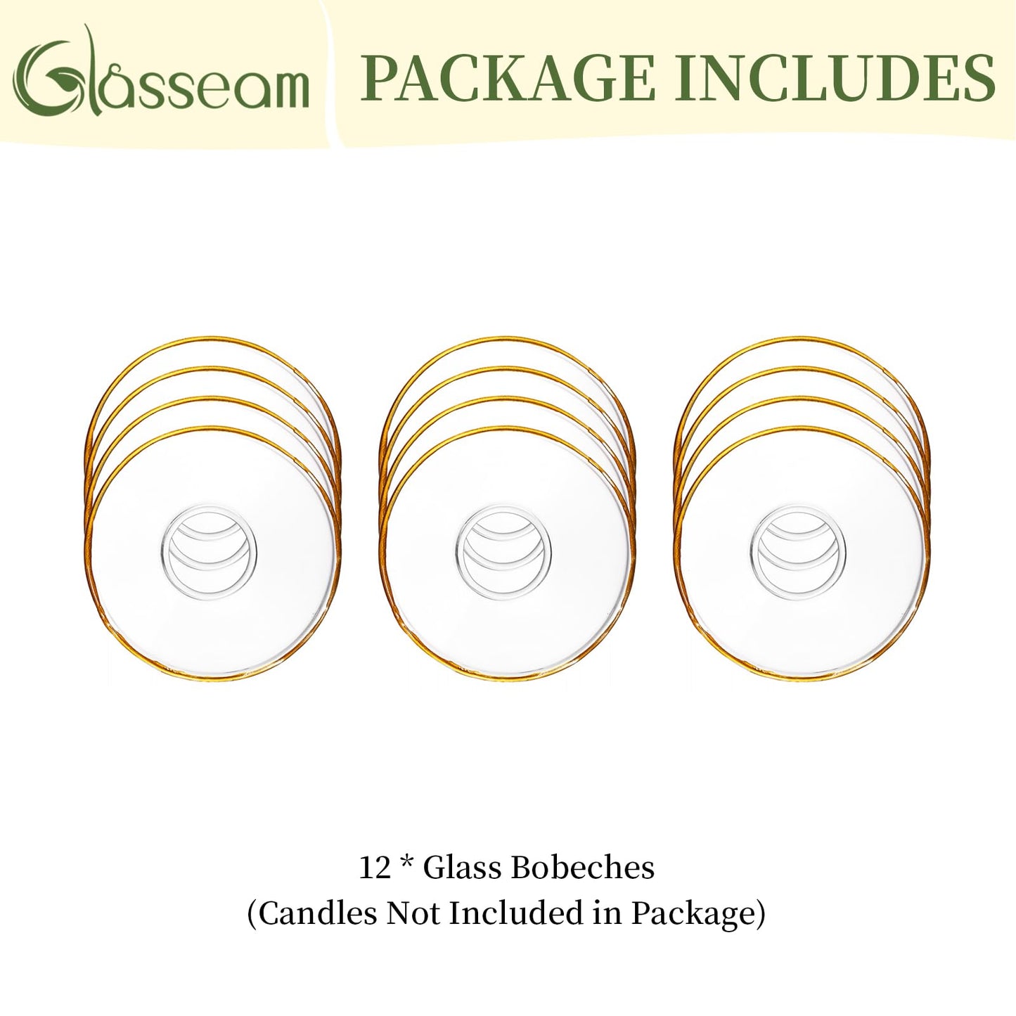 Glasseam Candle Drip Protectors for Candle Stick Candle Holder, Gold Rim Glass Bobeches for Candlesticks Set of 12, Round Wax Catchers for Candles, Taper Candle Holders for Table Centerpiece Wedding