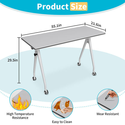 Conference Table with Wheels, Folding Conference Table with Knob & 4 Brake Casters, Modular Flip Top Mobile Conference Room Table for Office, Meeting, Training Room, Class (4, White, 55.1in)