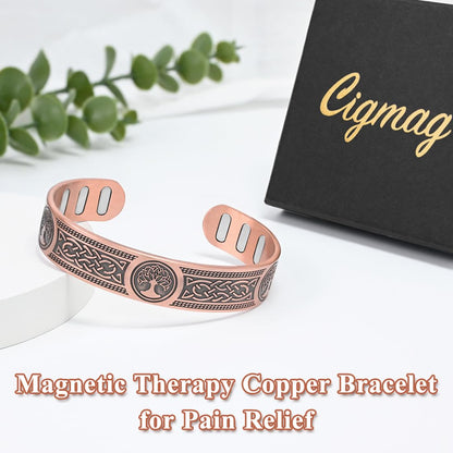Cigmag Copper Bracelet for Men, with Powerful 9X 5000 Gauss Magnets, Adjustable Solid Pure Copper (Viking Lotus Life Tree)