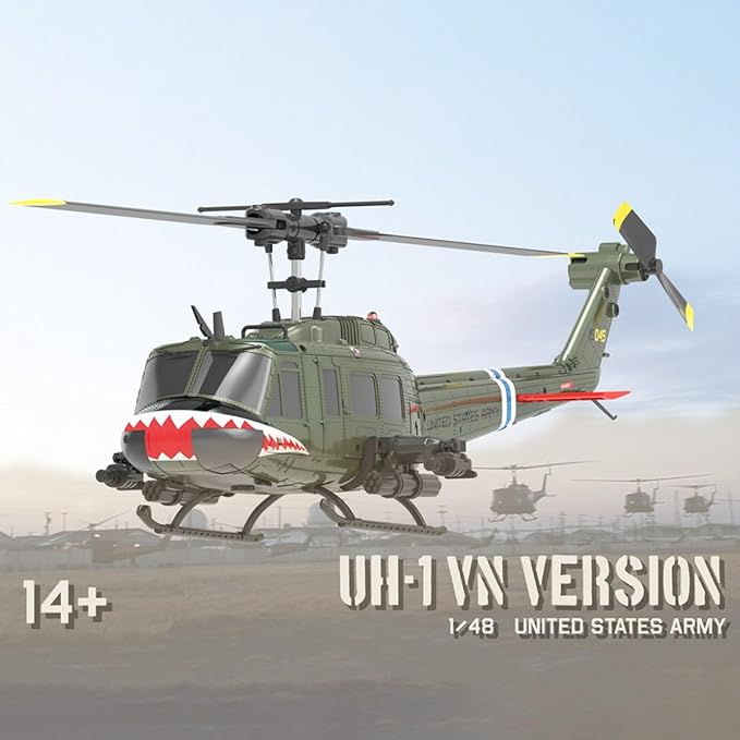 C032 UH-1 Huey RC Helicopter for Adults 1/48 Scale 2.4G 6CH Flybarless Remote Control Military Helicopter 3D Stunt Flight &amp High-Precision RC Airplane for Beginners (Shark Mouth(3 Batteries))