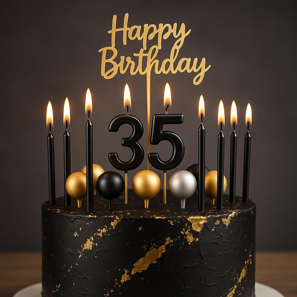 by Tugba Aydan - 33 Pcs Black Birthday Candle Set with Number Candles 0–9, Metallic Long Candles, Ball & Text Toppers – Complete Cake Decoration Kit for Kids & Adults Birthday Party