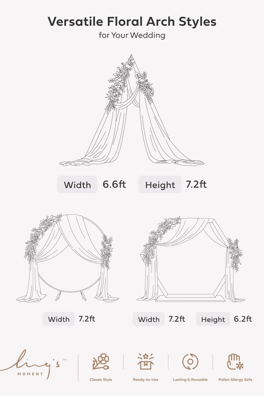 Ling's moment Wedding Arch Flowers with Sheer Drapes Kit - Artificial Purple and Gold Rose Floral Arrangements for Ceremony Backdrop, Arbor Decor, 5-Piece Set (2 Flower Stems + 3 Hanging Drapes)
