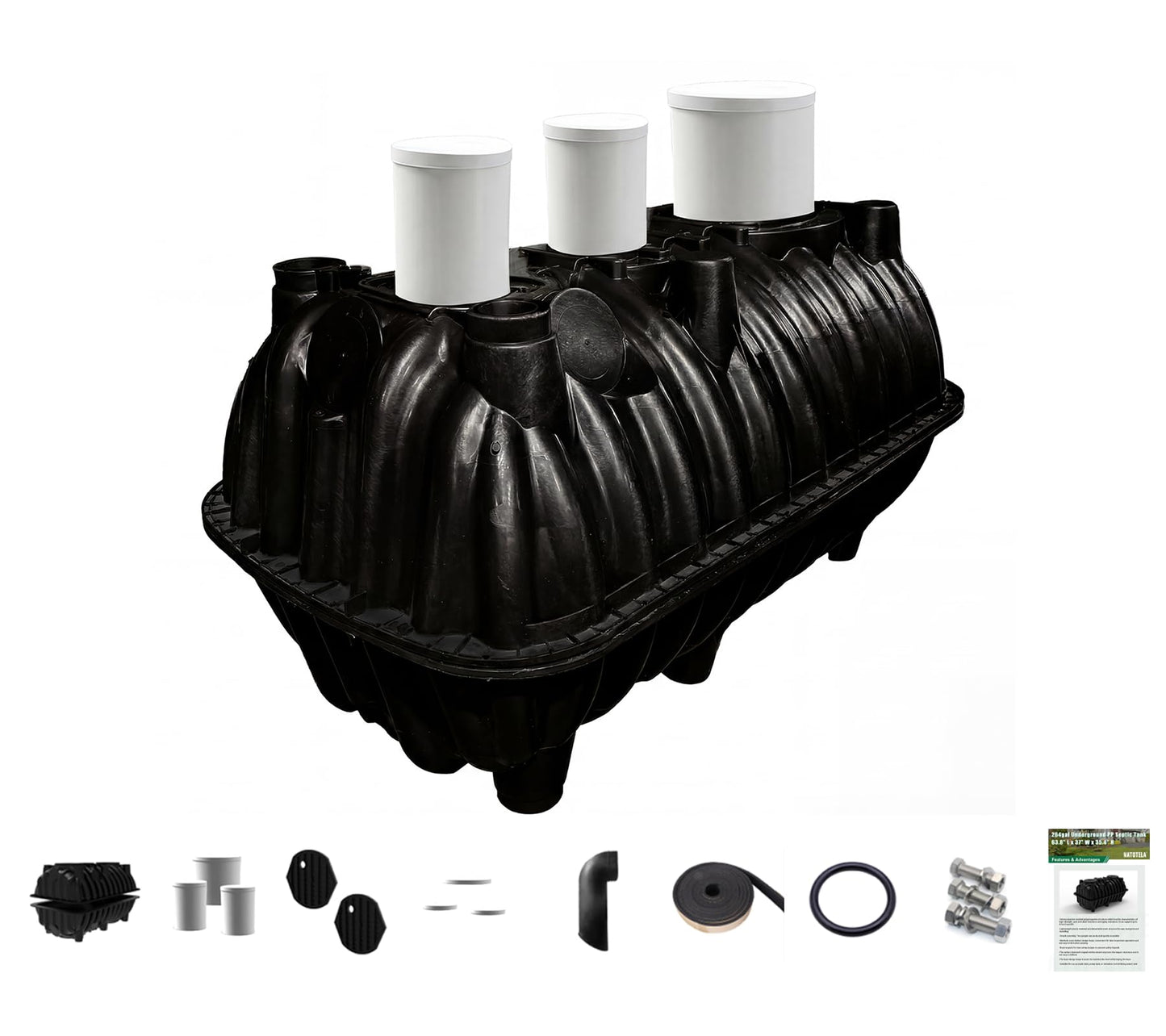 Natotela 264gal Underground Septic Tank Kit-68.3x38.8x36.2in Plastic Septic Tank System,Rectangle Anti Corrosion PP Septic System with Riser and Manhole Covers for 3-5 Persons