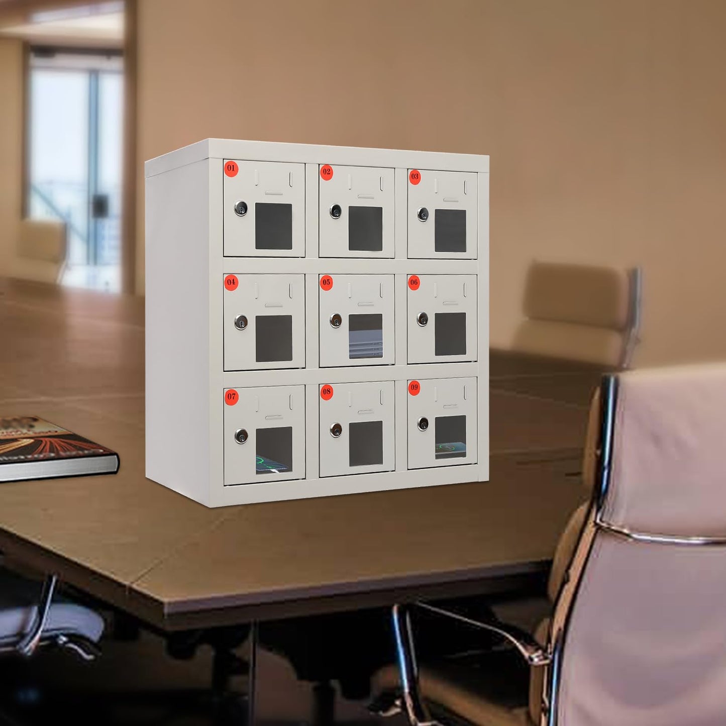 QUEWATSA 9 Slots Cell Mobile Phone Steel Locker with Lock, Cell Phone Locker with Charging Station, Cellphone Locker for Schools, Conference Rooms, and Offices