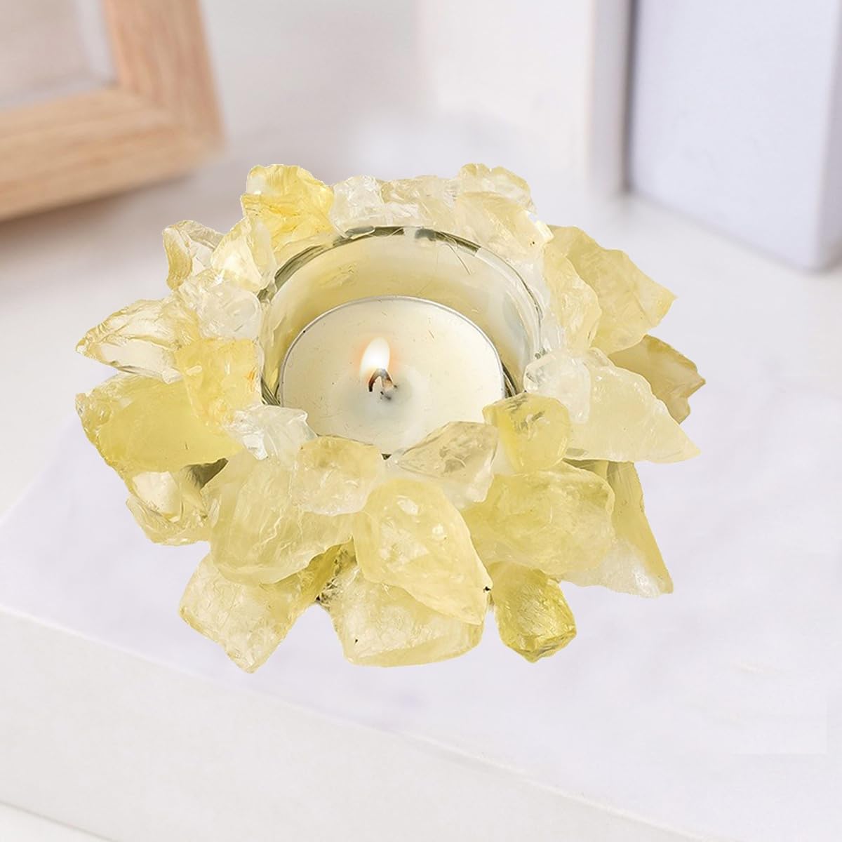 Natural Citrine Crystals, Raw Crystal Tealight Candle Holder Crystal Stone Candle Stand High Energy Geode Votive with Healing Effects (Not Included Candle)