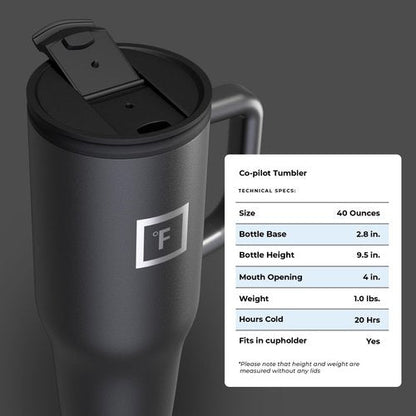 IRON °FLASK Co-Pilot Insulated Mug w/Straw & Flip Cap Lids - Cup Holder Bottle for Hot, Cold Drink - Leak-Proof - Water, Coffee Portable Travel Mug - Midnight Black, 40 Oz