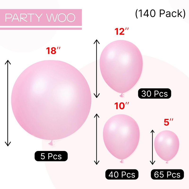 PartyWoo Pearl Pink Balloons 140pcs Different Sizes of 18 12 10 5 Inch Light Pastel Baby Pink Balloon Arch Kit Garland for Girl Baby Shower Princess Gender Reveal Birthday Party Decorations Pink-Z44