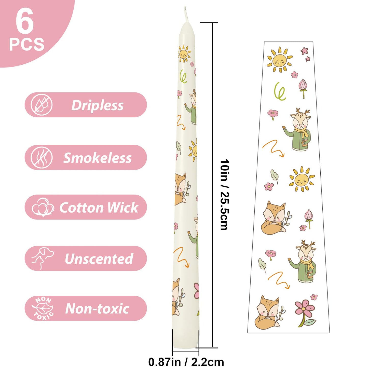 6 Pack Printed Taper Candles, 10 Inch Ivory Candlesticks with Cute Cartoon Animals Pattern, Unscented Tapered Candles, Dripless and Smokeless Decorative Candles for Elegant Dining
