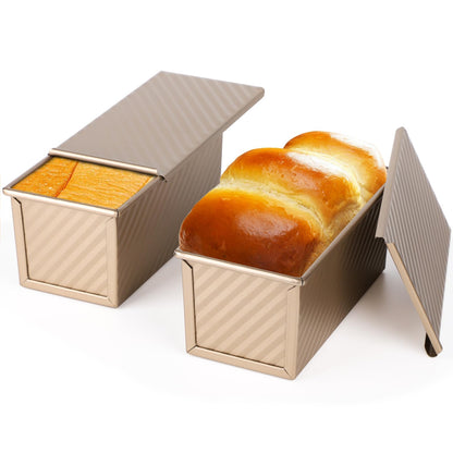 Beasea Pullman Loaf Pan with Lid, 2 Pack 0.5 lb Small Non-Stick Bread Loaf Pans Carbon Steel Mini Bread Toast Box for Homemade Bread Toast Oven Baking - Gold