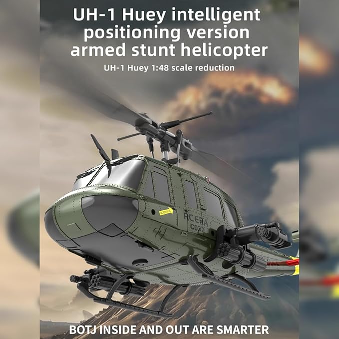 C032 UH-1 Huey RC Helicopter for Adults 1/48 Scale 2.4G 6CH Flybarless Remote Control Military Helicopter 3D Stunt Flight &amp High-Precision RC Airplane for Beginners (Green (3 Batteries))