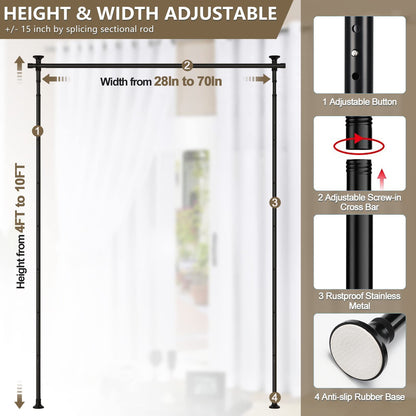 Room Divider, No Drilling Curtain Rod Wall Divider for Space Partition, Adjustable 4-10ft(H) 28-70inch(W) Heavy Duty Floor to Ceiling Tension Rod Dividers Temporary Privacy Separator Window Rods Black