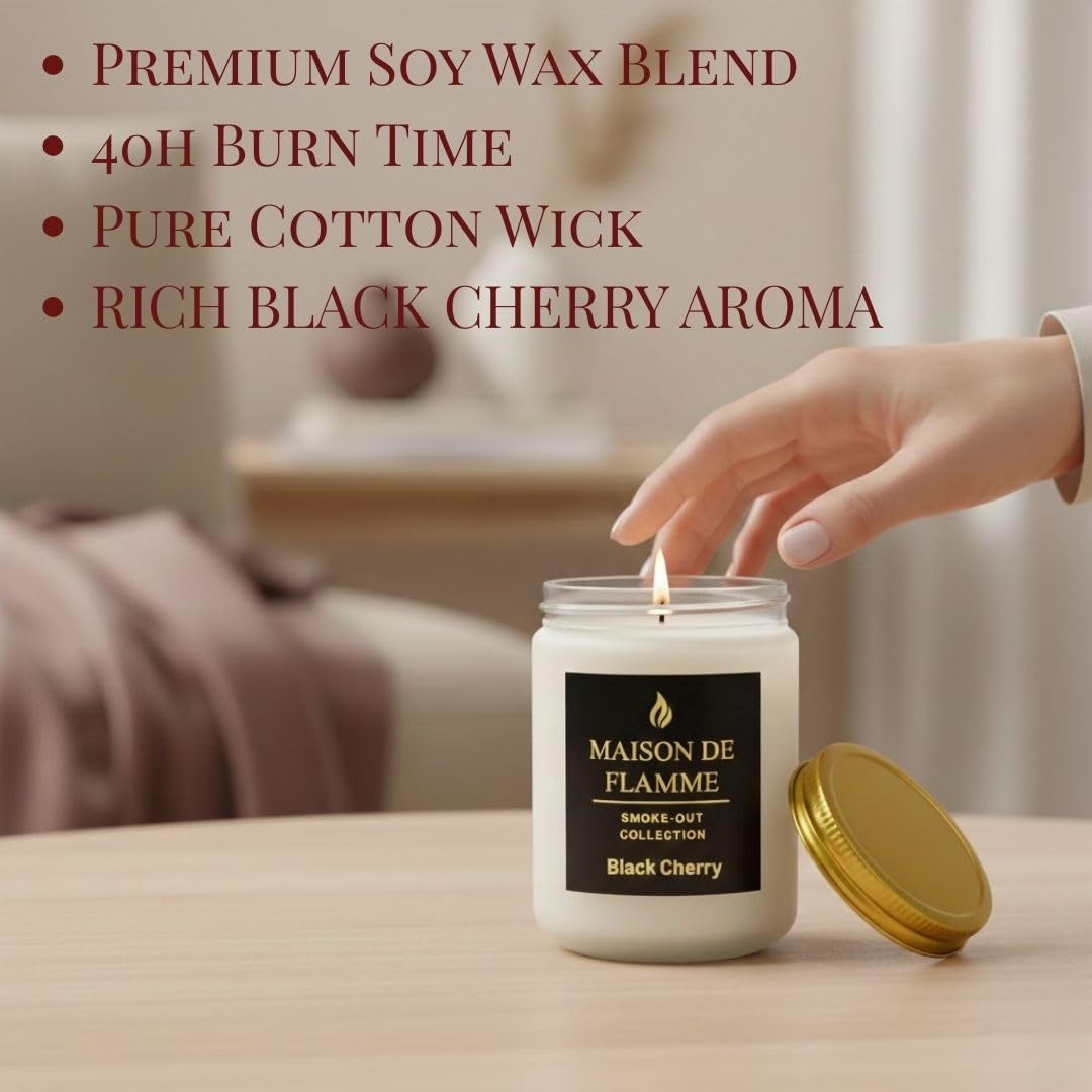 MAISON DE FLAMME Black Cherry Odor-Eliminating Scented Candle, 200g/7oz White Jar – Long-Lasting Soy Wax Blend Candle for Smoke, Kitchen & Home Odors