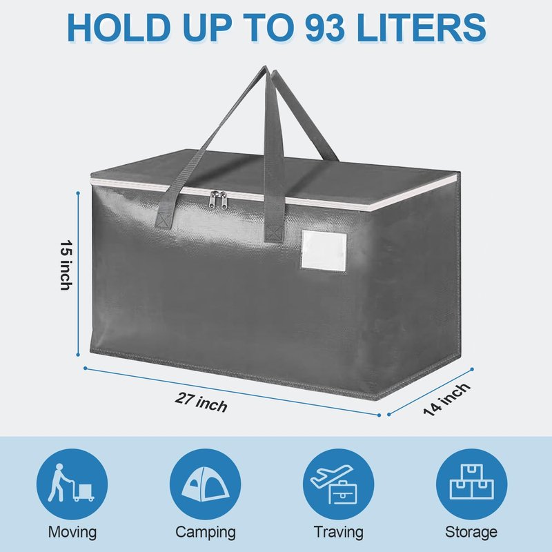 Three-layer Reinforced Moving Bags, 6 Pack Extra Large 93L 60lb Heavy Duty Moving Totes with Strong Zippers & Handles, Easy Open Lids, Water-Resistant, Storage Totes, Fold Flat