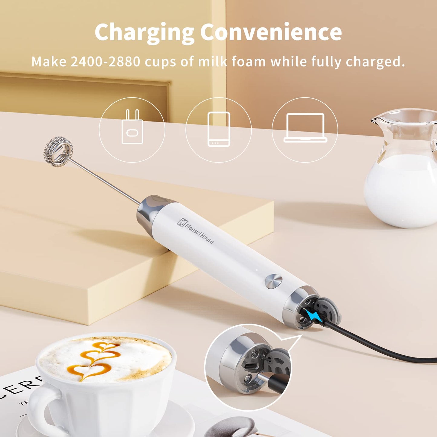 Maestri House Rechargeable Milk Frother with 3 Heads, LunaFro AS Handheld Electric Foam Maker Waterproof Detachable Stainless Steel Whisk Drink Mixer Foamer with Stand for Lattes, Cappuccino, Egg