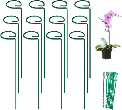 Feed Garden 16-Inch Plant Support Stakes - Durable Metal Flower Supports with 24 Twist Ties for Outdoor Plants